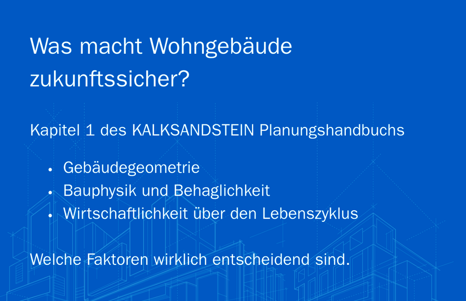 Grafik zu zukunftssicheren Wohngebäuden mit Gebäudegeometrie, Bauphysik, Behaglichkeit und Wirtschaftlichkeit über den Lebenszyklus