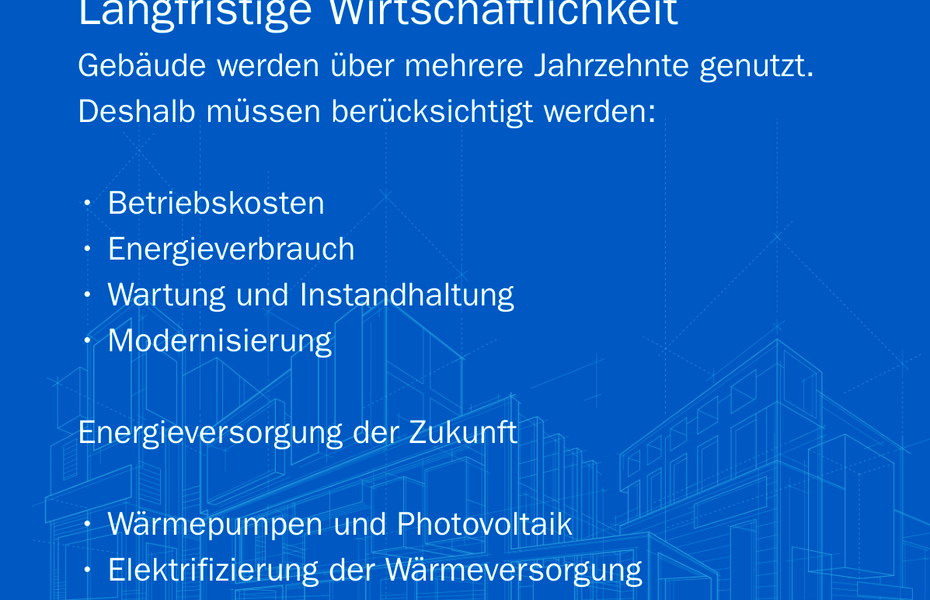 Grafik zur langfristigen Wirtschaftlichkeit von Wohngebäuden mit Faktoren wie Betriebskosten, Energieverbrauch, Wartung, Modernisierung und Energieversorgung der Zukunft